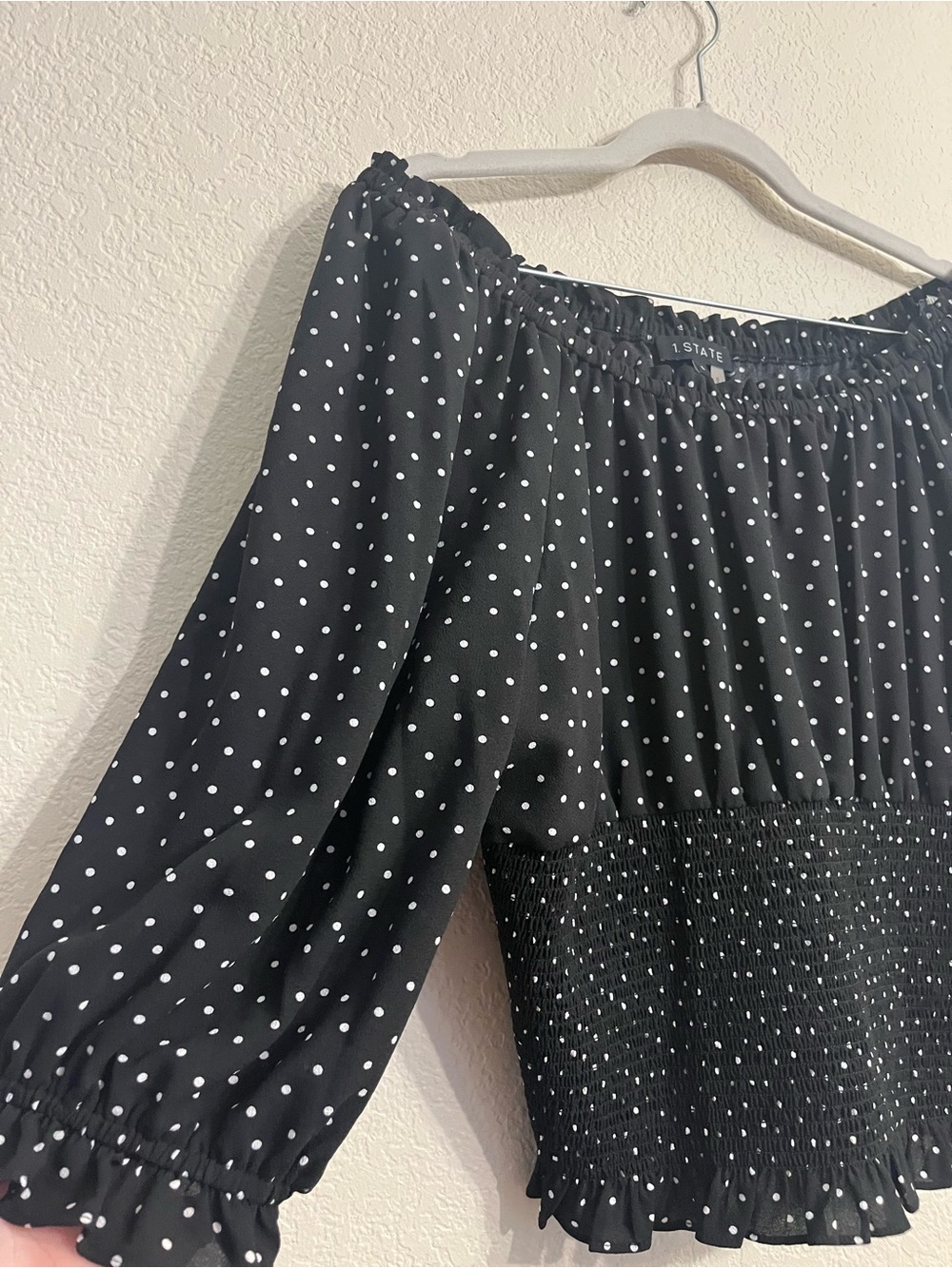 1. State Black and White Polka Dot Off-Shoulder Smocked Blouse - Picture 3 of 6